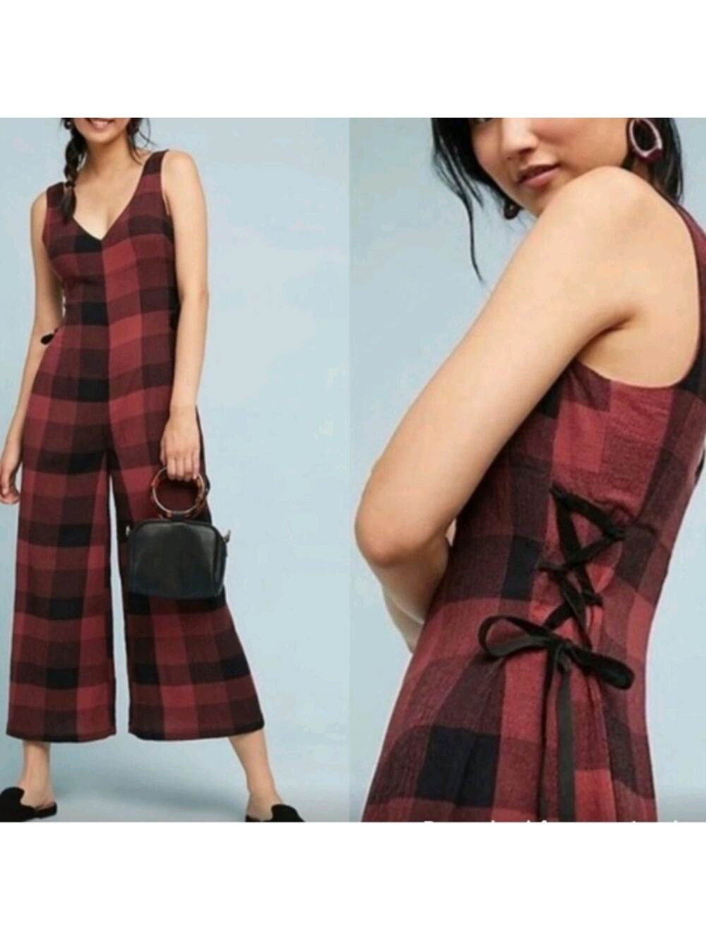 Ett:twa Anthropologie Plaid Wide Leg Jumpsuit Cinnamon Red & Black Size 2
